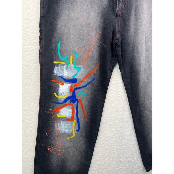 U&U Vintage Mens 44X34 Black Painted Urban Baggy Y2K Cotton Jeans Streetwear - Picture 3 of 10